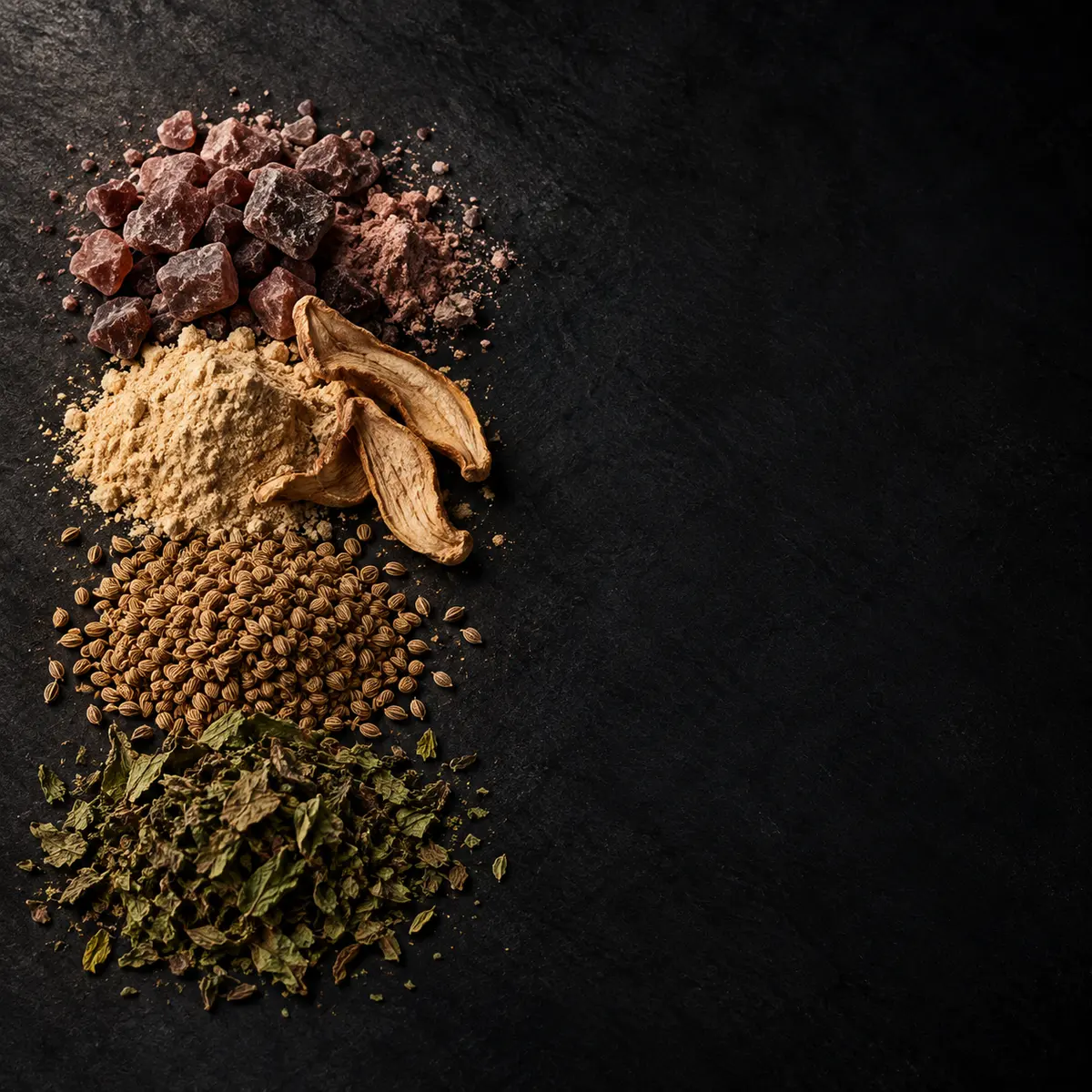 The key ingredients of Chat Masala Powder, laid out on slate: black salt, dry mango powder, carom seed and dried mint