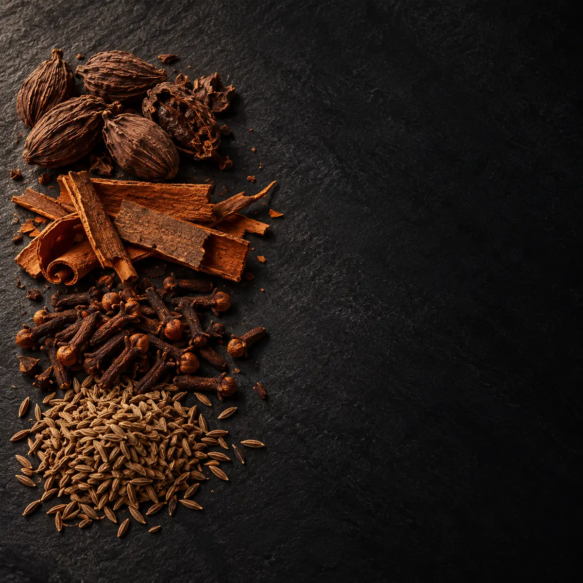 The key ingredients of Garam Masala Powder, laid out on slate: black cardamom, cassia bark, clove and cumin seed