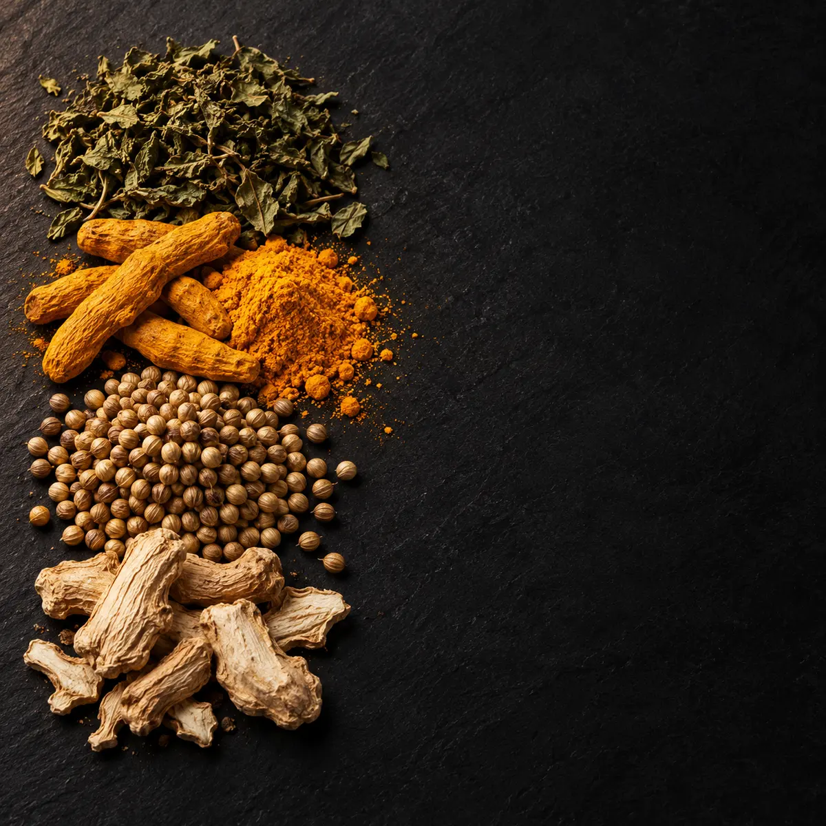 The key ingredients of Kitchen King Masala, laid out on slate: dried fenugreek leaf, turmeric, coriander seed and dried ginger